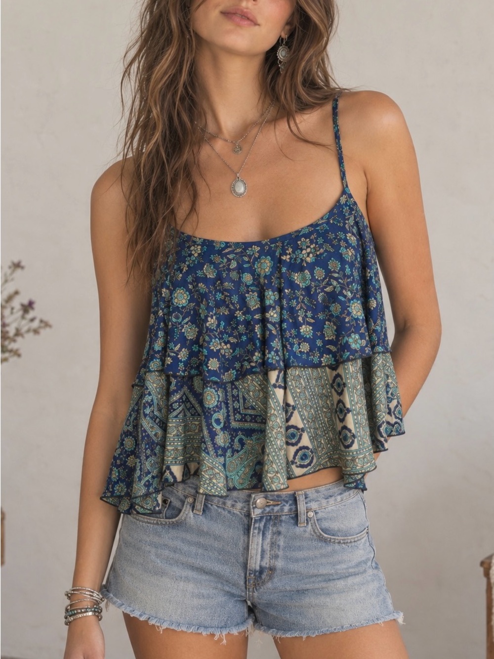 NWT Anthropologie Raga Boho Floral Mic Print Tiered Spaghetti Strap Crop Top